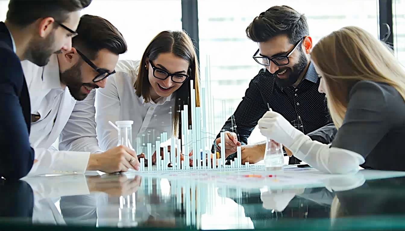 A team of professionals in a biotech startup colla